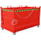 Red, metallic transport box with chain closure, yellow-black warning stripe and feet. Handles on top.