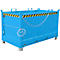 Blue metal box with handles, chain and yellow-black warning stripes. Standing on feet.