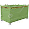 Green metal transport container. Yellow and black warning markings. Chain closure and handles.