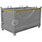 Gray metal box, yellow and black striped band, chain, handles.