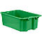 Green plastic storage box. Rectangular with rounded corners and small handles on the sides.