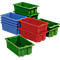 Several colorful plastic boxes: green, blue and red, stacked and side by side.