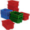 A collage of different colored storage boxes: red, green and blue.