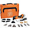 Mallette à outils orange avec multi-outil sans fil, accessoires et logo Fein.