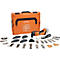 Une boîte à outils orange avec plusieurs outils, dont un outil multifonction et diverses lames de scie.