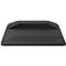 Black ergonomic standing mat with slightly raised area, ribbed pattern and company logo.