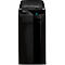 Black Fellowes shredder. Control panel above paper tray with start button. Glossy surface.