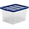 Transparante opbergdoos met blauw deksel. Afgebeeld tegen een witte achtergrond.