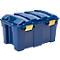 Blauwe plastic doos met gele sluitingen. Deksel met geribbelde structuur en handvat. Perfect voor opslag en transport.