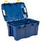 Blauwe gereedschapskist met open deksel. Gele sluitingen. Interieur gestructureerd.