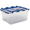 Transparante plastic opbergdoos met blauw deksel. Het deksel heeft twee vergrendelingen en een handvat.