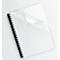 A white notebook with a black spiral binding and a transparent protective film, which is slightly lifted.