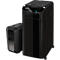 Deux destructeurs de documents noirs, un petit et un grand, côte à côte. Le grand a des roulettes.
