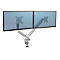 Fellowes Dual Monitor Arm Platinum, pour 2 écrans jusqu'à 32″ &amp; jusqu'à 8 kg, orientable &amp; inclinable, pivotant à 360°, 2 ports USB, gestion des câbles, argenté