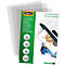 Clear laminating pouches by Fellowes with packaging. Text: A4, 100 sheets, 100 microns, gloss.