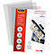 Transparent laminating pouches and product packaging with information on size, quantity and gloss.