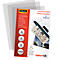 Product packaging with laminating pouches. Inscriptions: Fellowes, A4, 25, 125, Gloss. Transparent foils in the background.