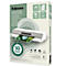 Een Fellowes A4 lamineerhoes, met een laminator die een afbeelding uitvoert, 50% gerecycled materiaal.