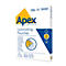 Packung mit 100 Apex A4 Laminierfolien, Standard-Qualität, in weißem Karton mit blauem und gelbem Branding.