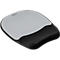 Gray mouse pad with black wrist rest. The pad says "Fellowes."