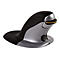 Ergonomische Computermaus, schwarz und silber, mit gelben Akzenten. Sie hat eine ungewÃ¶hnliche Form.