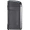 Side view of a dark, rectangular shredder with a rounded top.