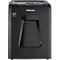 Black paper shredder with controls and viewing window. Fellowes lettering.