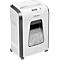 White paper shredder with gray accents. The viewing window shows shredded paper. "Fellowes" is written on the device.