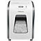 A white paper shredder with a transparent window filled with shredded paper. The word 'Fellowes' is visible on the front.
