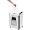 White paper shredder, person inserting a sheet of paper. Gray accents, shredded paper visible in the window.