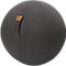 Dark gray exercise ball with leather label and loop.
