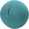 Teal fabric sitting ball with a small label. A name is written on the label.