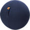Dark blue sitting ball with brand logo. On the side a fabric tab for fixing. The surface is coarsely structured.