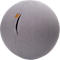 Gray fabric exercise ball with brown leather logo. A small slit on the side.