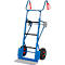 Blue hand truck. Two red handles, black tires, gray loading surface.