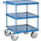 Fetra 2416W tafelwagen, tot 500 kg, 3 etages met bakjes, laadvlak L 600 x B 600 mm, TPE-banden, duwbeugel, staal, glanzend blauw