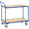 Blue cart with two wooden shelves and wheels.