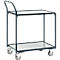 Servicewagen met twee planken en wielen, grijs frame en witte oppervlakken.