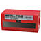 Boîte de feuilles de métal rouge avec l'inscription : METALL-FOLIE. En dessous : acier, inoxydable, 18 Cr 9 Ni, 150x2500 mm. Évidement de feuille et 0,200 mm.
