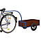 Fiets met aanhanger, donker hout, blauw frame. De fiets en aanhanger zijn geplaatst op een lichte achtergrond.
