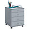 Gray rolling file cabinet with four drawers. Paper tray, pens, and notepad on top.