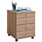 Beige file cabinet with 4 drawers, gray handles and casters. Office supplies on top.