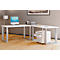 White corner desk with silver legs, computer, and drawer cabinet.
