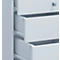 Detail of a white drawer partially open. Silver rails are visible.
