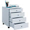 White rolling file cabinet with four drawers, partially open. Pens, scissors, and tray on top. Rollers at the base.