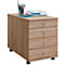 Wooden rolling cabinet with 4 drawers and office supplies. On castors, silver-colored handles.