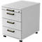 White pedestal with three drawers. The handles are light brown with dark stripes. The container stands on castors.