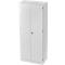 White cabinet with two doors, silver handle and hinges.