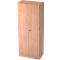 A tall wooden cabinet, with two doors and a small handle in the middle.