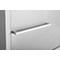 Close-up of a silver handle on a white surface. The handle is flat and rectangular, with rounded edges.